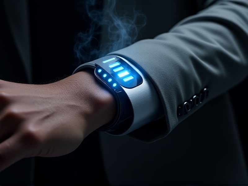 A close-up of a wearable cryo device in action, showing the cooling mechanism activated with a visible mist of cold air. The device is worn on a person's wrist, with a modern, high-tech design that blends seamlessly with everyday wear.