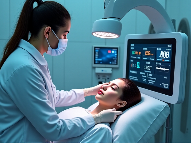 A medical professional monitoring a patient undergoing cranial cryotherapy, with a focus on safety protocols. The image depicts a modern clinic with advanced monitoring equipment, including temperature sensors and a digital display. The professional is shown adjusting the cooling device while observing the patient's vital signs, emphasizing the importance of safety in the procedure.