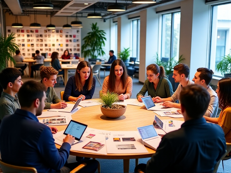 A team of organizers brainstorming around a table covered with event planning materials, including calendars, flyers, and laptops, in a bright, modern office space with motivational posters on the walls.