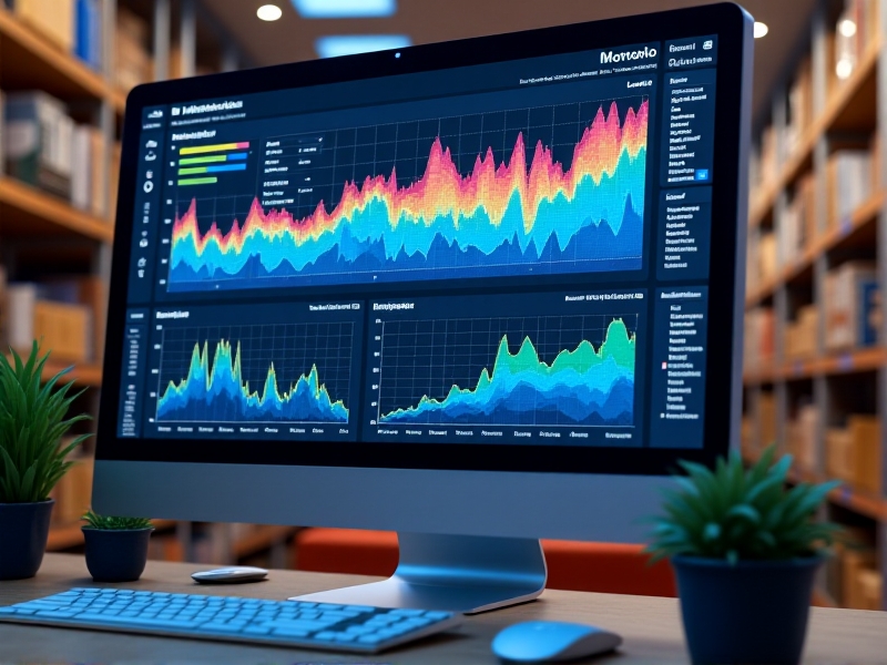 A close-up of a computer screen displaying an inventory management software interface, with colorful graphs and charts showing stock levels and sales trends. The workspace is modern and tech-savvy, highlighting the integration of technology in inventory management.