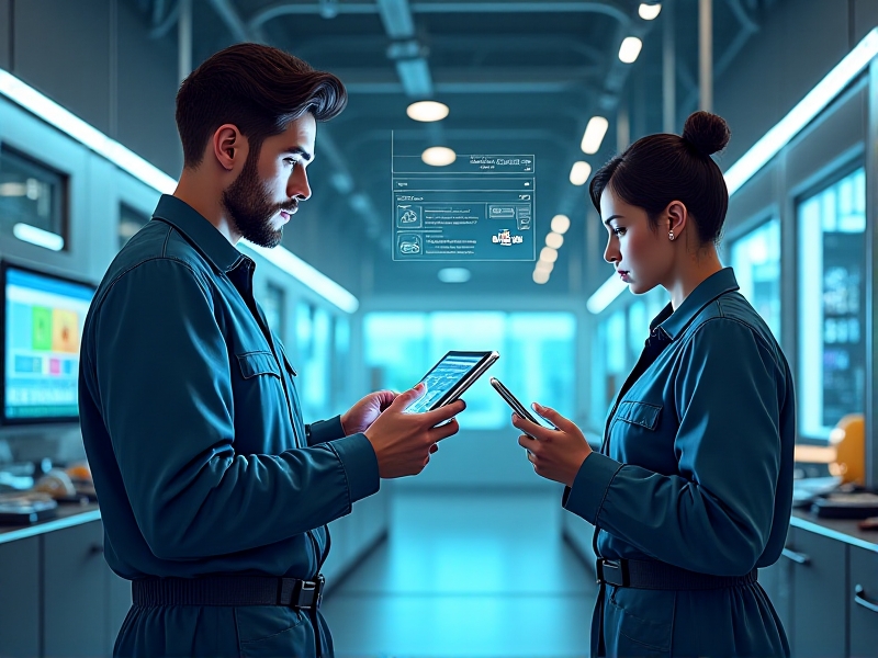 A futuristic illustration of a repair shop with advanced diagnostic tools, a technician using a tablet to analyze data, and a customer receiving real-time updates on their mobile device, showcasing the integration of technology in enhancing the customer experience.