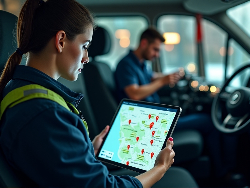 A digital map displayed on a tablet screen, showing multiple pins marking client locations connected by optimized routes. The map is color-coded to indicate traffic conditions, with green for smooth traffic and red for congestion. The tablet is held by a technician in a well-lit van interior, with a typewriter being repaired in the background. The scene conveys a sense of efficiency and organization.