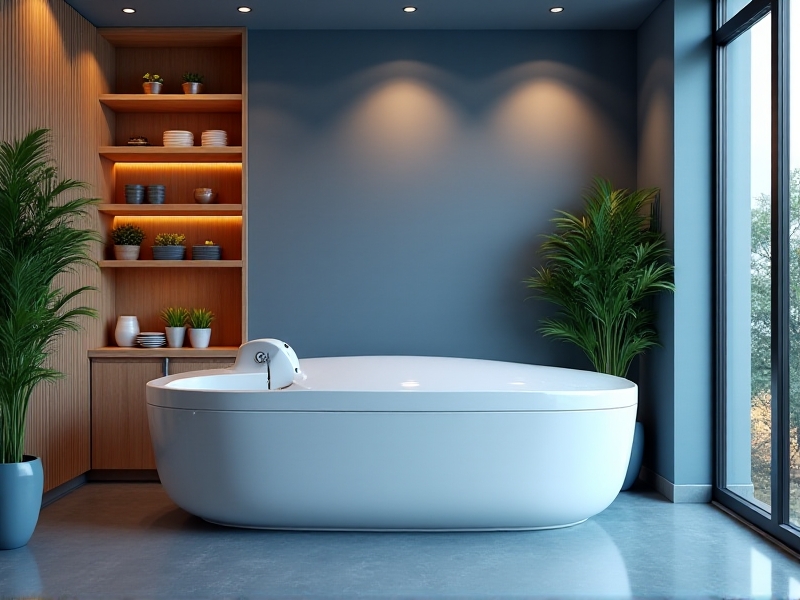 A serene float tank room with minimalist design, featuring soft ambient lighting, warm wooden floors, and neutral tones. The float tank is a sleek, white pod with a smooth surface, surrounded by natural plants and calming blue accents. The room includes a small seating area with comfortable chairs and a coffee table.